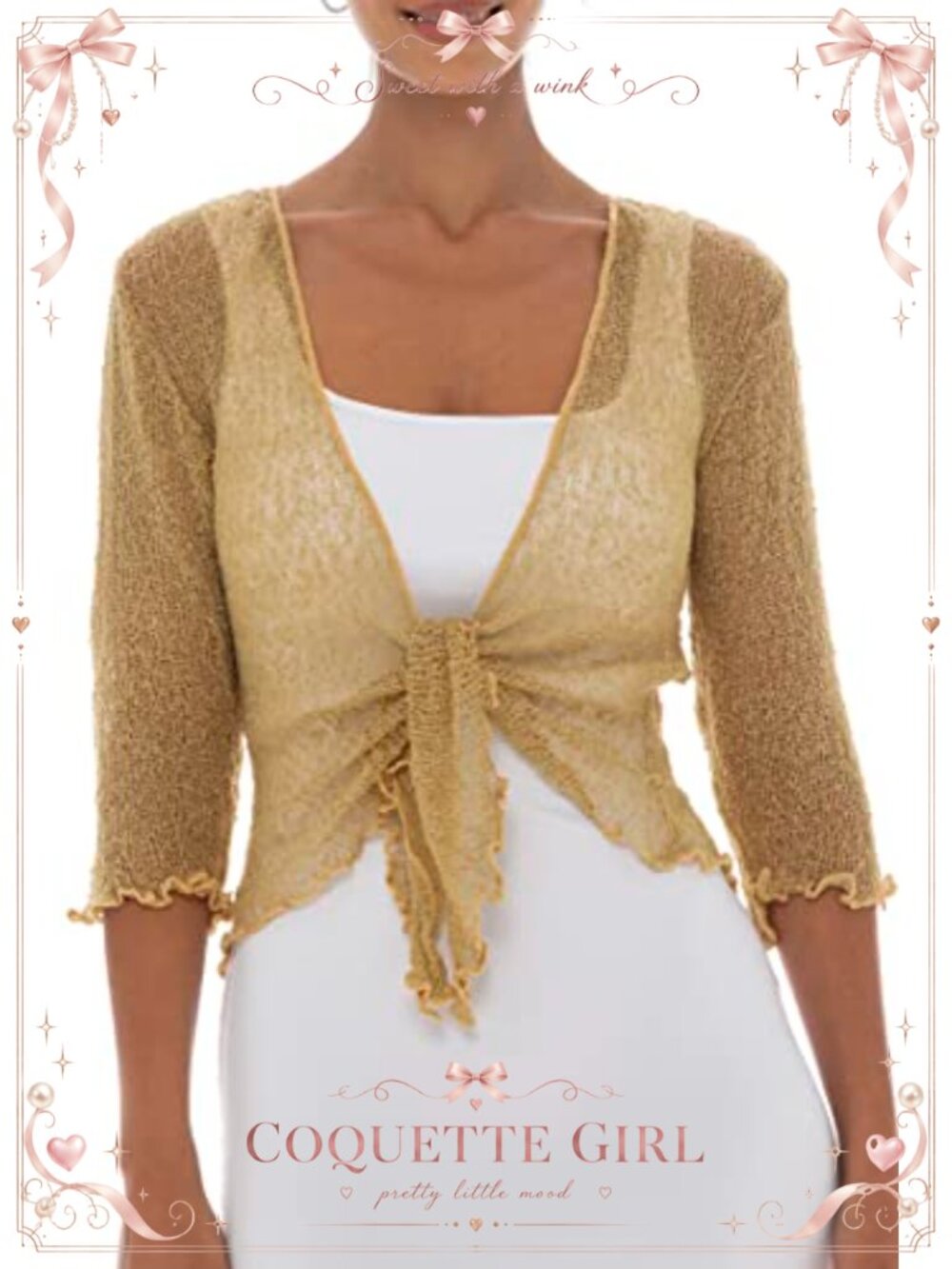 Sheer Knit Shrug Cardigan Tie-Front 3/4 Sleeve Ruffled Bolero